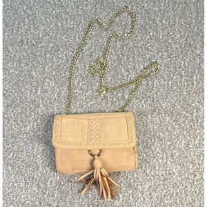 Small Beige Solid Crossbody Bag Gold Chain Strap Tassel Braided Snap Pockets